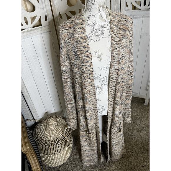 Anthropologie Pilcro Classic Longline Cardigan Duster Cream Brown Sz Large - Picture 1 of 6